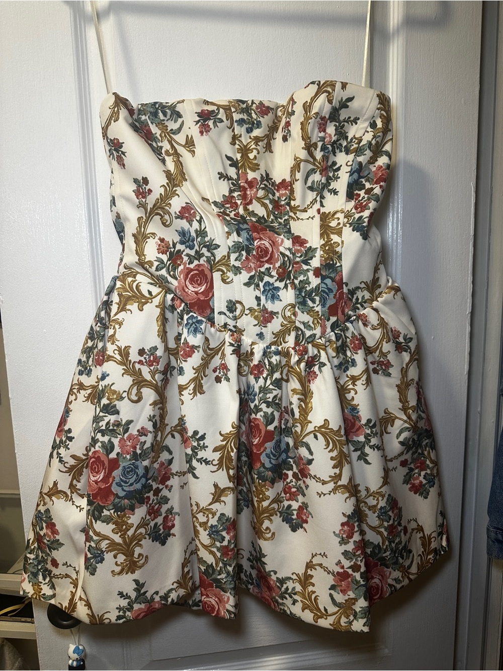 Kimchi Blue Floral Strapless Party Dress in Cream with Rose and Gold Scrolls